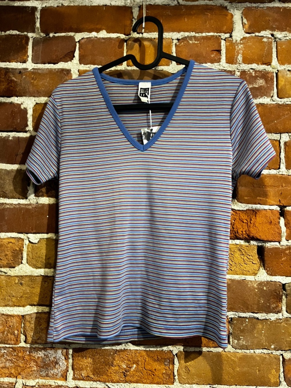 Vintage 90s Smart Set V Neck Pin Stripe Blue Baby Tee Shirt